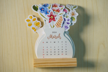 Desk calendar for march 2024, floral design 