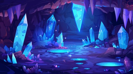 A dark cave containing blue crystals. Modern cartoon illustration of a dark underground mine filled with mineral stones and puddles of water. A treasure grotto with gold treasure, a jewelry mining