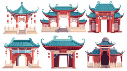 Asian pavilion antique entrance with classic decoration, a Chinese house or temple door with roof, stairs and lanterns. Cartoon modern illustration set with oriental building arch gate.