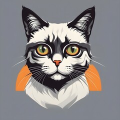 Artistic illustration of a cat's face with green eyes, detailed in black, white, and orange on a grey background. generative ai