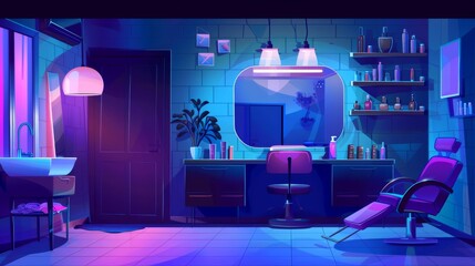 Dark beauty salon interior at night with lamps and hair cut and styling equipment. Cartoon room inside with armchair, mirror, sink and cosmetics. - obrazy, fototapety, plakaty