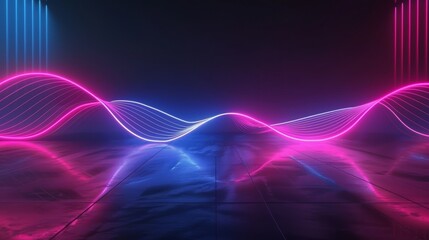 The abstract neon wave lines are glowing on a black background with reflections on the glossy floor. Modern illustration of pink and blue light curves showing through the glossy floor. Illumination,
