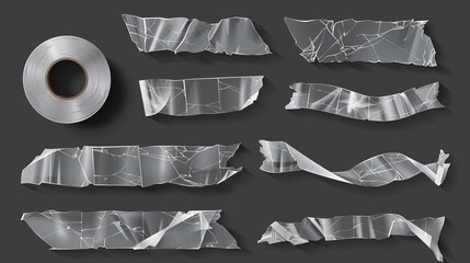 Clipart illustration of crumpled plastic sticky tape with wrinkled surface and uneven torn edges. Modern illustration of sellotape packaging strips. - obrazy, fototapety, plakaty