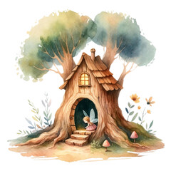 Whimsical Treehouse with Fairy Watercolor Art

