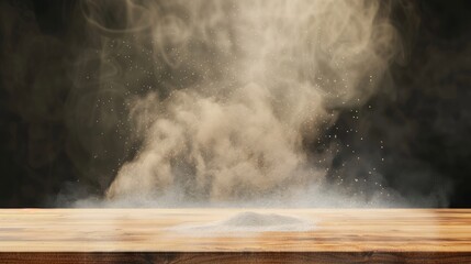 Modern realistic illustration of flour in the air above brown wood table at forefront, kitchen interior design element, empty shelf mock up with haze on black background.