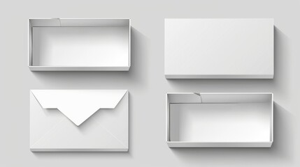 Mockup of white closed and open cardboard boxes. A realistic modern illustration set of blank cartons for delivery or gifts.