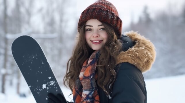 Young woman holding snowboard on her shoulders, she's looking away and smiling, copy space
