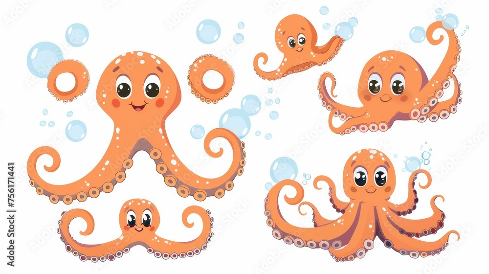 Wall mural An adorable baby kraken with tentacles swimming in the water with different expressions and emotions. Modern illustration collection of swimming cute cartoon characters based on the underwater