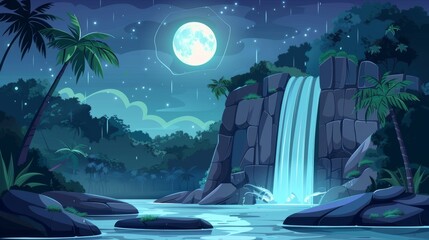 Tropical nightscape scene with a cascade waterfall in jungle under the starry night sky and full moon light. Cartoon modern dark scene with water flowing on rock cliff with palm trees.