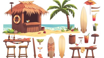 Cartoon modern illustration of a tiki bar on the beach and a standing surfboard. Tropical wooden and bamboo shack surrounded by palm trees and thatch roofing.