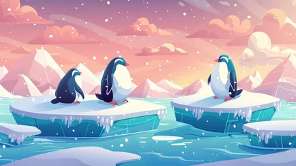 Fototapeten Modern cartoon illustration of adorable antarctic bird characters sitting on ice floating on cold water surface. Snow falls from frosty pink and blue sky. © Mark