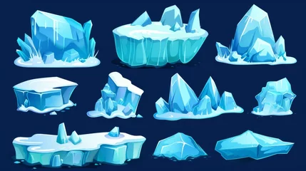 Poster Frozen rock cube and block. Melting blue ice crystal chunk floating in water. Game UI modern illustration set of fly arctic floe. © Mark