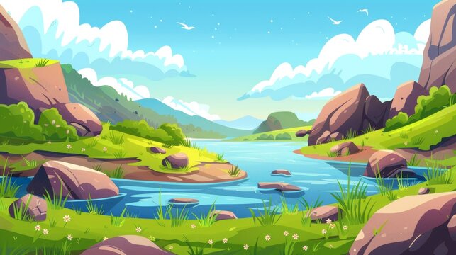 Cartoon modern summer landscape with big stones, grass, trees, and bushes on riverside of stream with blue water under a sunny sky filled with fluffy clouds.