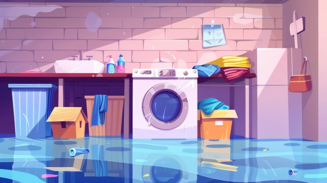 Cartoon Modern Illustration Of A Flooded Basement Room With Boxes And Hampers Filled With Clothes And Damaged Laundry Equipment.