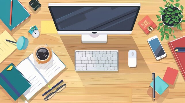 Typical desk top with messy workspace. Cartoon flat lay of computer monitor with keyboard and mouse, books and notepads, cup of coffee and lamp, a fashion magazine, mobile phone, and fashion