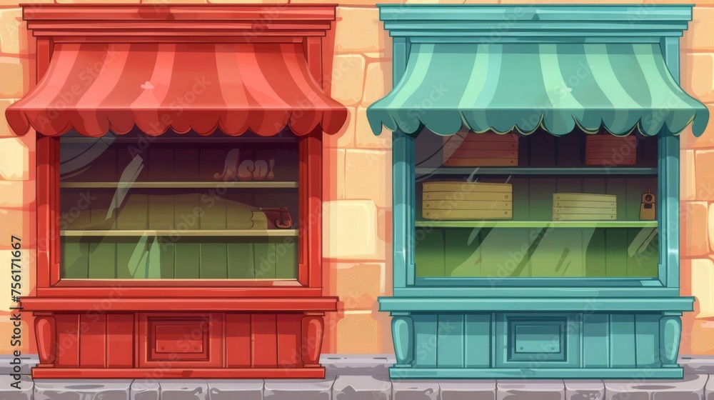 Poster this cartoon modern illustration set features a red and green wooden cabinet with shelves and a cano