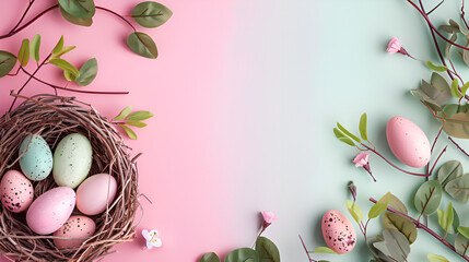 Easter eggs in bird nest isolated on pastel background design concept 