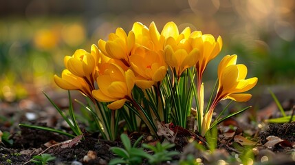 Yellow crocuses in the early spring.