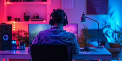 A man facing the back of the camera sits at a computer and wears headphones on his head, neon lights in the room.