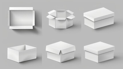 An isometric view of an open and closed box, mail delivery, gift packaging, parcel with blank surface, a set of white cardboard boxes isolated on a gray background.