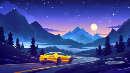Fototapeten Modern cartoon illustration of yellow car on winding road, dark fir tree forest and rocky peak in fluffy clouds under starry sky. © Mark