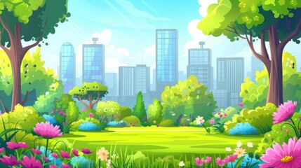 Cartoon summer or spring landscape with outside public garden with meadow in downtown on sunny day with green trees, bushes, grass and flowers.