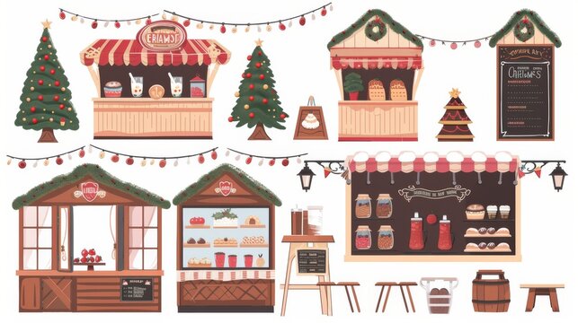 This modern cartoon illustration depicts a set of gluhwein and sweets stalls, a bakery trailer, a menu board, and garland lights. Modern illustration for city trade fairs.