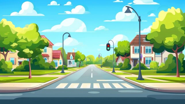 An urban landscape with sidewalk, zebra crossings on the road, traffic lights, houses and greenery on the street. A cartoon summer and spring city scene with a side view of a pedestrian.