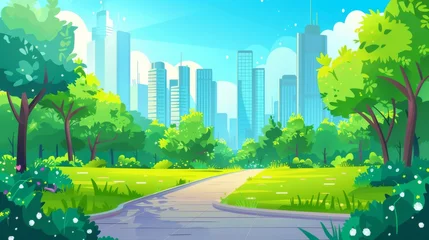 Poster An urban park with green trees, grass, and pathways surrounded by high rising buildings. Cartoon modern summer cityscape with road. Urban panorama of a city with a park. © Mark
