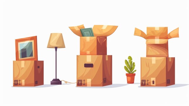 Box piles with house stuff and a plant in a pot with a lamp and pictures for a move, garage sale, or storage concept. Cartoon modern illustration set of boxes with a plant in pot, a lamp, and