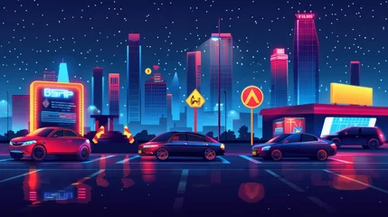 Foto auf Acrylglas Cityscape silhouettes under a dark starry sky with cars parked at night near a shopping mall building. Modern cartoon illustration of modern cars parked near a shopping mall. © Mark