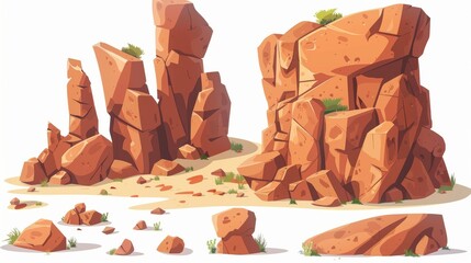 Large piles of desert rock and a cliff. Cartoon modern illustration set featuring elements from canyon formations and walls.