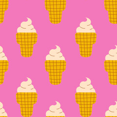 Ice cream vintage seamless pattern. Trendy vibrant colored hand drawn background with sweet dessert in retro style. Repeat vector illustration with textured waffle