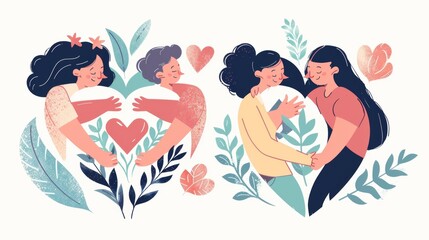 A woman and a couple hug themselves in the shape of a heart. This is a flat modern illustration set of happy young people who embrace themselves, love themselves, and accept themselves. Mental - obrazy, fototapety, plakaty