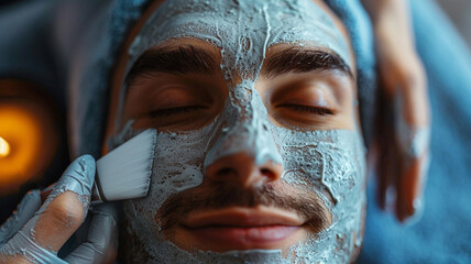 Happy handsome young man lying down having facial treatment in beauty clinic.