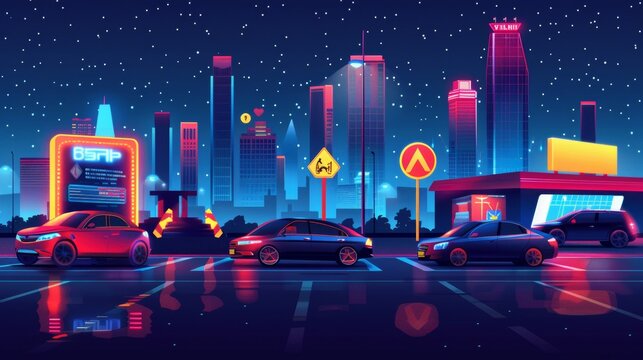 Cityscape silhouettes under a dark starry sky with cars parked at night near a shopping mall building. Modern cartoon illustration of modern cars parked near a shopping mall.