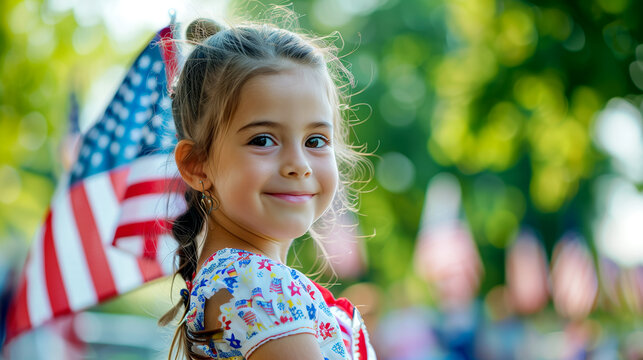 Little Girl with American Flag on Us Independence Day.