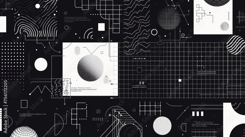 Poster y2k poster design template with abstract grid geometry shapes and elements, typography on black back