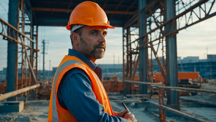 Portrait of a male construction worker in a helmet and vest on a construction site