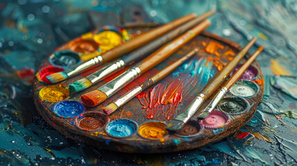 Paint brushes and palette with blue and yellow paint on wooden surface