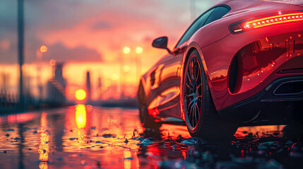 Red car with water drops on the road after rain in the evening
