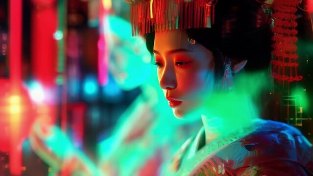 An ethereal and mesmerizing hologram of a cybernetic geisha dressed in intricate traditional garb with a glowing neon kimono blending the old and the new in a futuristic way.