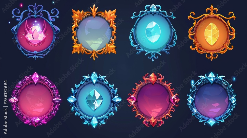 Poster an avatar frame or menu banner for game level rank ui design. modern set of animated fantasy decorat