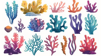 Cartoon seaweed and coral illustration set. Underwater ocean and aquarium plants and creatures. Various marine algae and oceania sponges. - obrazy, fototapety, plakaty