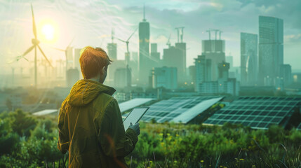 engineer with a tablet in hand looking to solar string inverter with wind and solar energy plants in background, green theme, bright sky, futuristic city scape, electric cars, photovoltaic panels