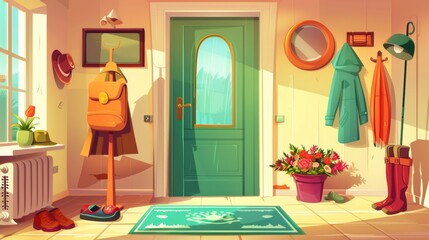 Illustration of a hallway inside a home with furniture in a light, airy room with a green entrance door, mirror and phone on the wall, coats on hangers, boots on the ground, flower pots and umbrellas