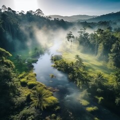 The green riverbanks blend into the natural silence, creating a picturesque riverscape from a bird's-eye view, untouched by settlements - obrazy, fototapety, plakaty