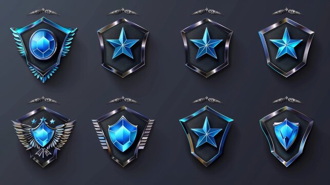 An illustration of hexagonal blue shield badges in iron frames decorated with gemstone stars and wings, a winner award, and a success symbol.
