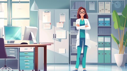 A tired doctor or nurse stands in front of lots of papers and folders. Cartoon burnout exhausted and overworked female medical worker in room with computer, desk, cabinet and window. - obrazy, fototapety, plakaty