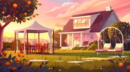 Backyard furniture on sunset or sunrise. Cartoon nighttime landscape of fruit trees, swing, lounge, wooden table, chairs, and doghouse with pink sky.